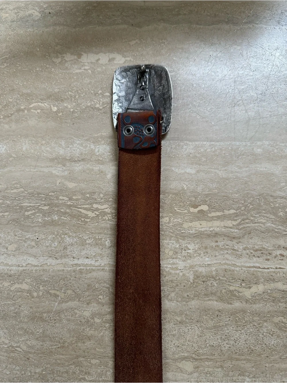 Hand-Tooled Blue Brown Leather Belt with Distressed Silver Buckle Western 34-38